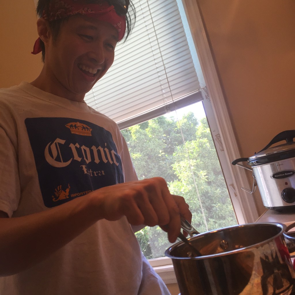 Carl stirs the butter.